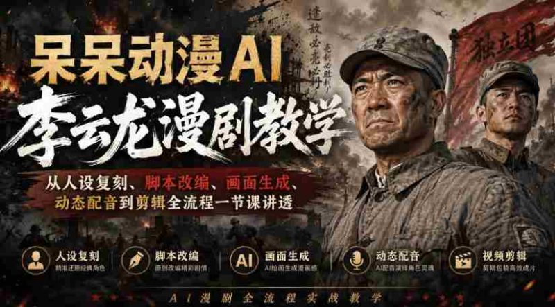 呆呆动漫AI李云龙漫剧教学,从人设复刻、脚本改编、画面生成、动态配音到剪辑全流程一节课讲透-一起发