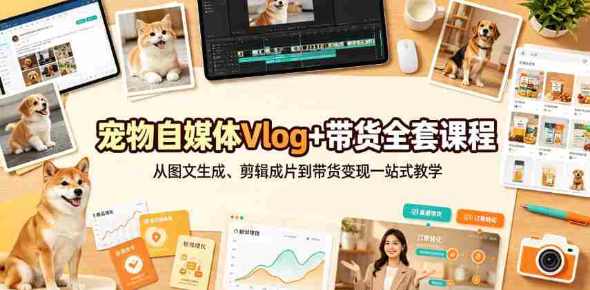 宠物自媒体Vlog+带货全套课程｜从图文生成、剪辑成片到带货变现一站式教学-一起发