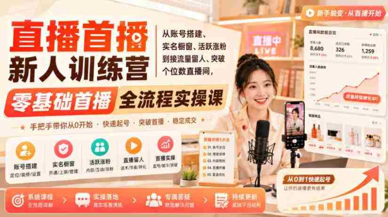 直播首播新人训练营|从账号搭建、实名橱窗、活跃涨粉到接流量留人、突破个位数直播间,零基础首播全流程实操课-一起发