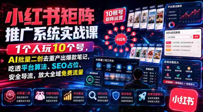 小红书矩阵推广系统实战课｜1个人玩10个号，AI批量二创去重产出爆款笔记，吃透平台算法、SEO占位、安全导流，放大全域免费流量-一起发