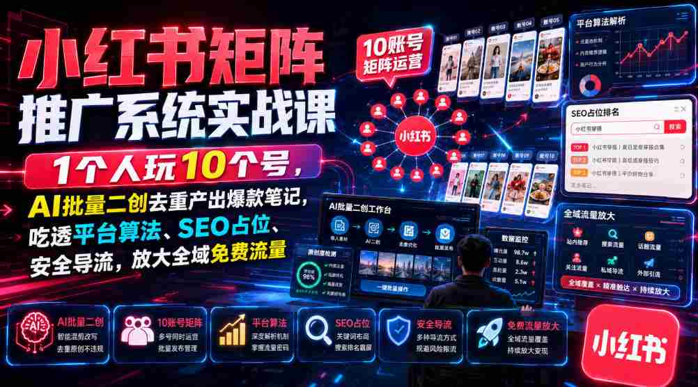 小红书矩阵推广系统实战课｜1个人玩10个号，AI批量二创去重产出爆款笔记，吃透平台算法、SEO占位、安全导流，放大全域免费流量-一起发