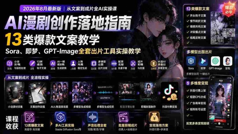 (19691期)AI漫剧创作落地指南|13类爆款文案教学,Sora、即梦、GPT-Image全套出片工具实操教学-一起发