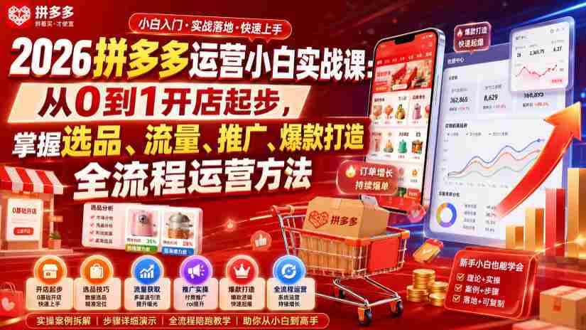 2026拼多多运营小白实战课：从0到1开店起步，掌握选品、流量、推广、爆款打造全流程运营方法-一起发