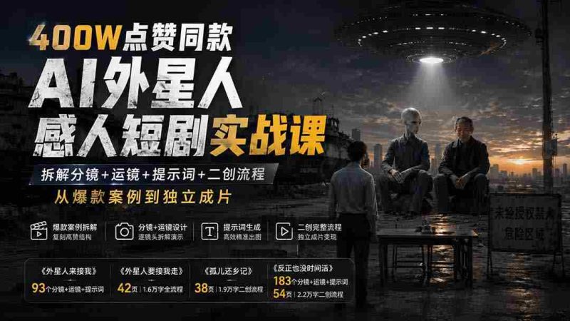 (20052期)400W点赞同款AI外星人感人短剧实战课:拆解分镜+运镜+提示词+二创流程,从爆款案例到独立成片-一起发