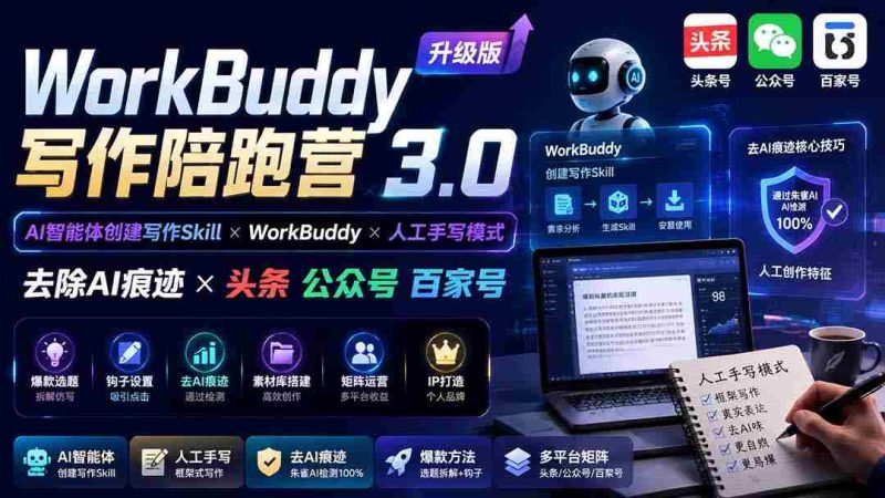 (19720期)WorkBuddy写作陪跑营3.0-更新:Ai智能体创建写作Skill×WorkBuddy×人工手写模式×去除AI痕迹×头条公众号百家号-一起发