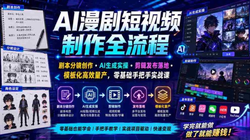 AI漫剧短视频制作全流程|剧本分镜创作・AI生成实操・剪辑发布落地・模板化高效量产,零基础手把手实战课-一起发