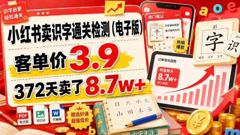 小红书卖识字通关检测(电子版),客单价3.9,372天卖了8.7w+-一起发