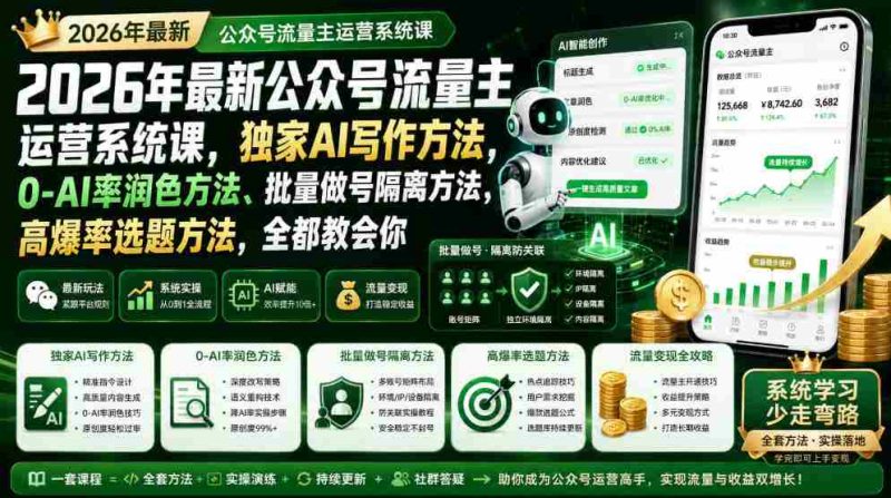 2026年最新公众号流量主运营系统课,独家AI写作方法,0-AI率润色方法、批量做号隔离方法、高爆率选题方法,全都教会你-一起发