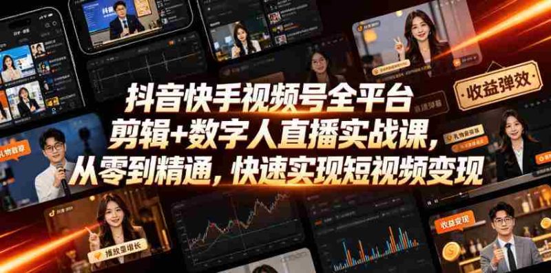抖音快手视频号全平台剪辑+数字人直播实战课,从零到精通,快速实现短视频变现(更新2026年6月)-一起发