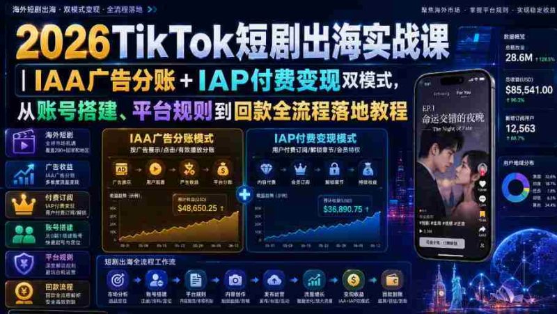 2026TikTok短剧出海实战课|IAA广告分账+IAP付费变现双模式,从账号搭建、平台规则到回款全流程落地教程-一起发