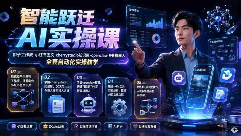 (19653期)智能跃迁 AI实操课|扣子工作流小红书图文搭建,cherrystudio知识库openclaw飞书机器人全套自动化实操教学-一起发