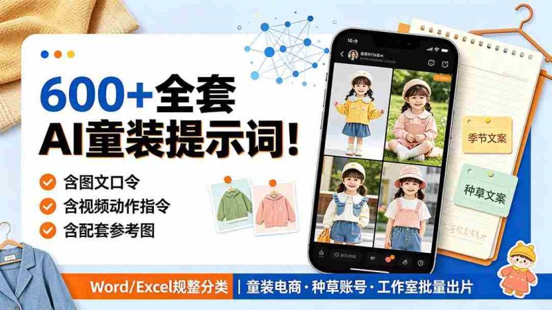 (19302期)600+全套AI童装提示词!含图文口令+视频动作指令+配套参考图,Word/Excel规整分类,童装电商、种草无脑量产内容-一起发
