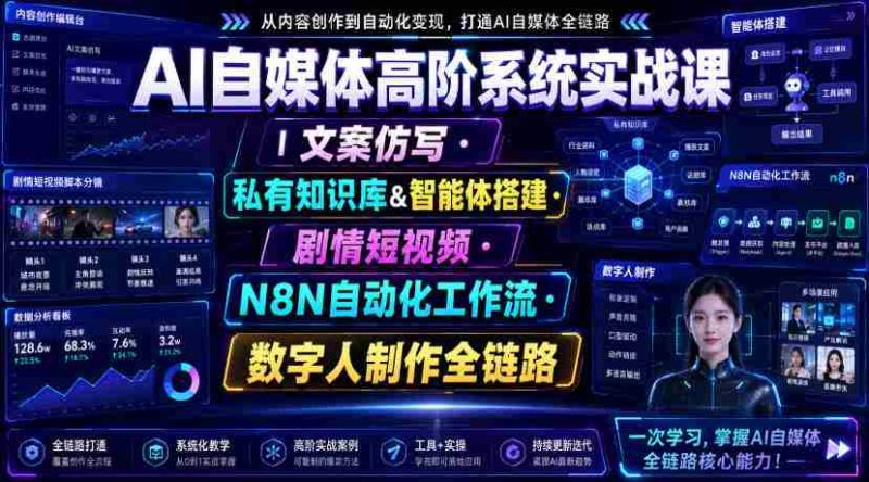 AI自媒体高阶系统实战课|文案仿写・私有知识库&智能体搭建・剧情短视频・N8N自动化工作流・数字人制作全链路-一起发