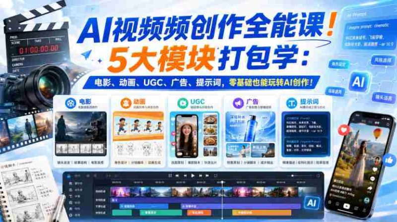 AI视频频创作全能课!5大模块打包学:电影、动画、UGC、广告、提示词,零基础也能玩转AI创作!【原创双语字幕】-一起发