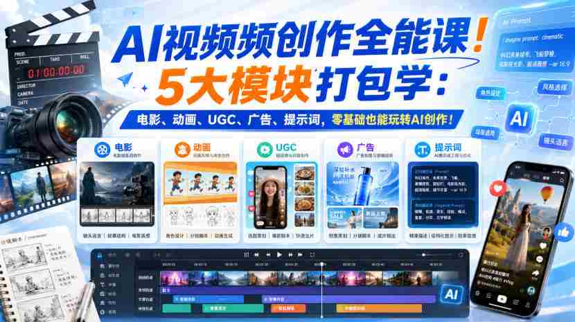 AI视频频创作全能课！5大模块打包学：电影、动画、UGC、广告、提示词，零基础也能玩转AI创作！【原创双语字幕】-一起发