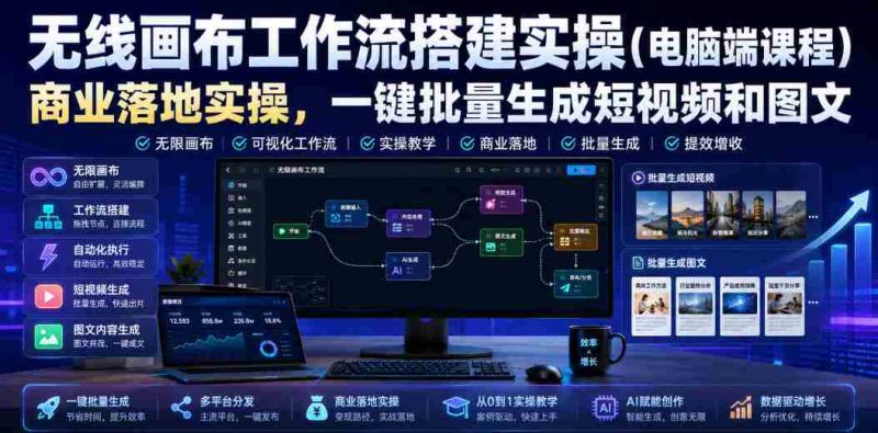 无线画布工作流搭建实操(电脑端课程),商业落地实操,一键批量生成短视频和图文-一起发