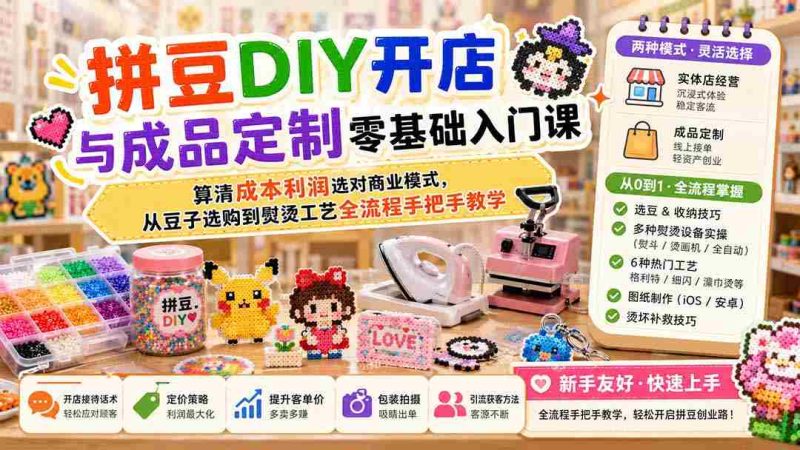(19845期)拼豆DIY开店与成品定制零基础入门课;算清成本利润选对商业模式,从豆子选购到熨烫工艺全流程手把手教学-一起发