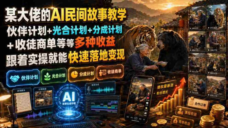 某大佬的AI民间故事教学,伙伴计划+光合计划+分成计划+收徒商单等多种收益,跟着实操就能快速落地变现-一起发