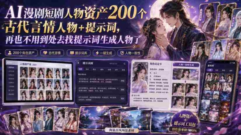 AI漫剧短剧人物资产200个古代言情人物+提示词，再也不用到处去找提示词生成人物了-一起发
