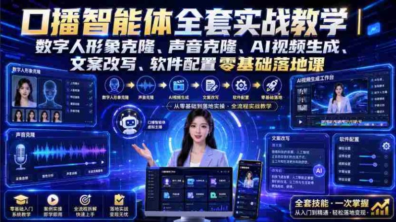 口播智能体全套实战教学｜数字人形象克隆、声音克隆、AI视频生成、文案改写、软件配置零基础落地课-一起发