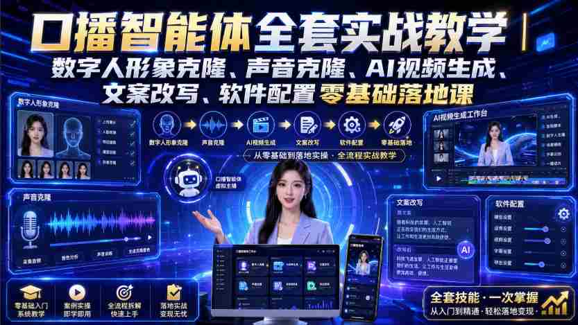 口播智能体全套实战教学｜数字人形象克隆、声音克隆、AI视频生成、文案改写、软件配置零基础落地课-一起发