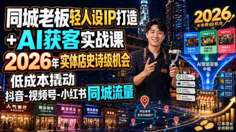 同城老板轻人设IP打造+AI获客实战课,2026年实体店史诗级机会,低成本撬动抖音-视频号-小红书同城流量