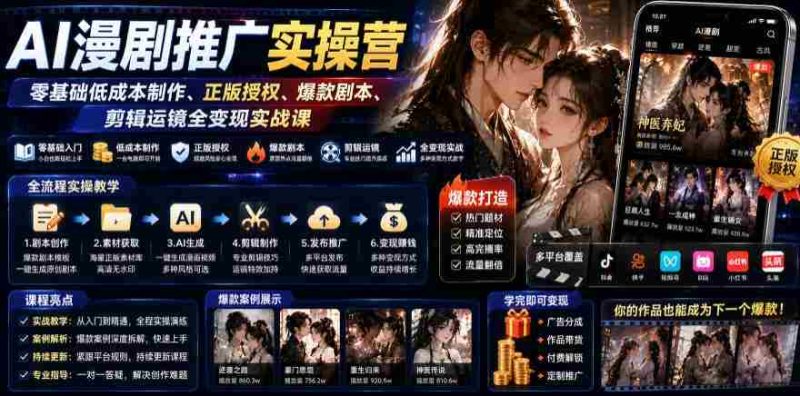 AI漫剧推广实操营|零基础低成本制作、正版授权、爆款剧本、剪辑运镜全变现实战课-一起发