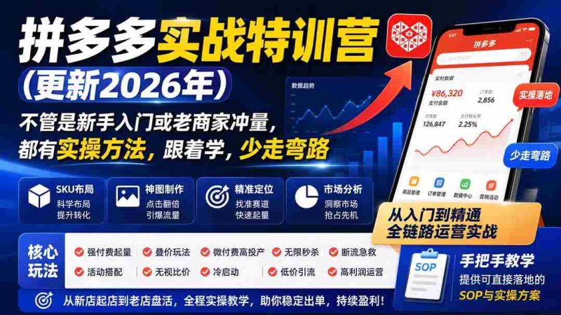(19744期)拼多多实战特训营(更新2026年):不管是新手入门或老商家冲量,都有实操方法,跟着学,少走弯路-一起发