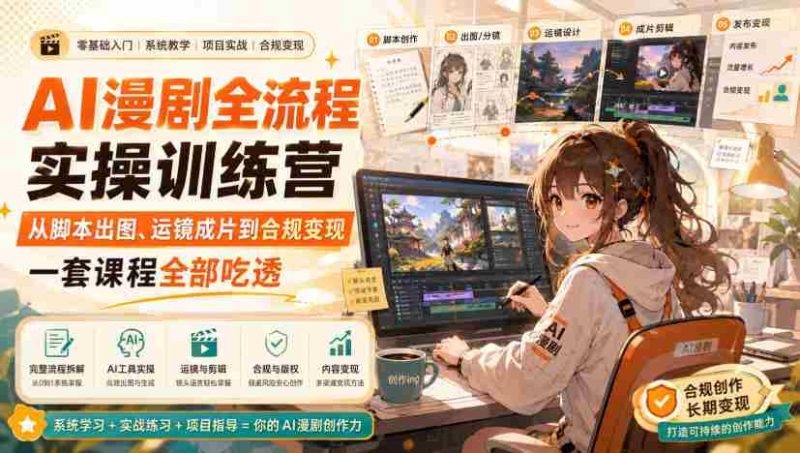AI漫剧全流程实操训练营,从脚本出图、运镜成片到合规变现,一套课程全部吃透-一起发