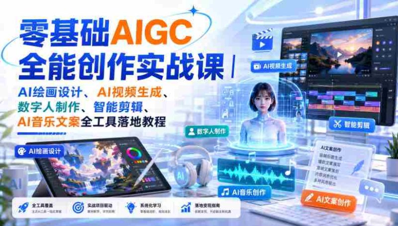 零基础AIGC全能创作实战课|AI绘画设计、AI视频生成、数字人制作、智能剪辑、AI音乐文案全工具落地教程-一起发