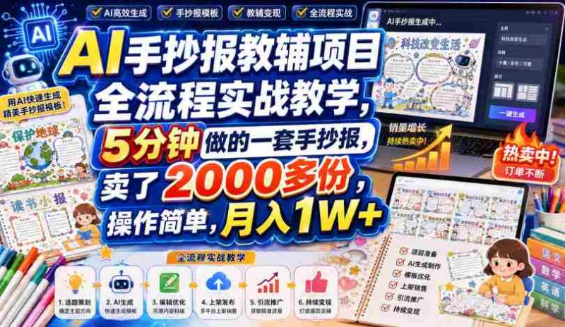 AI手抄报教辅项目全流程实战教学，5分钟做的一套手抄报，卖了2000多份，操作简单，月入1W+-一起发