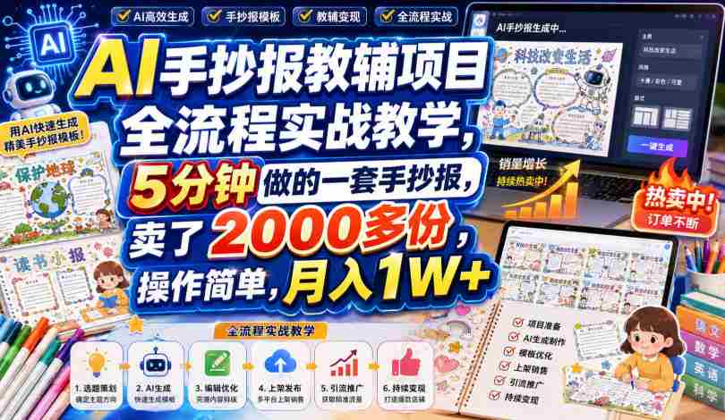 AI手抄报教辅项目全流程实战教学，5分钟做的一套手抄报，卖了2000多份，操作简单，月入1W+-一起发