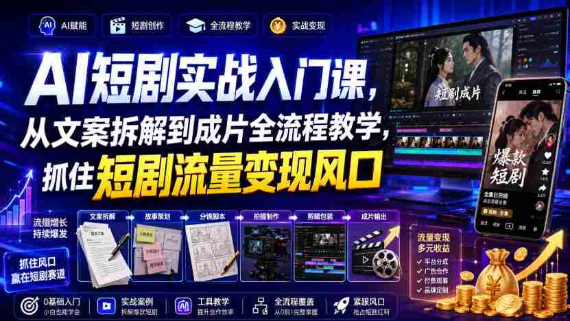 AI短剧实战入门课，从文案拆解到成片全流程教学，抓住短剧流量变现风口-一起发