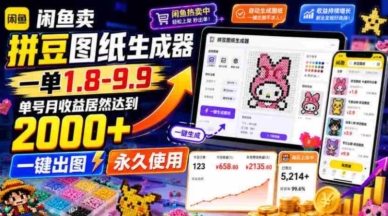 闲鱼卖拼豆图纸生成器,一单1.8-9.9,单号月收益居然达到2000+一键出图永久使用-一起发