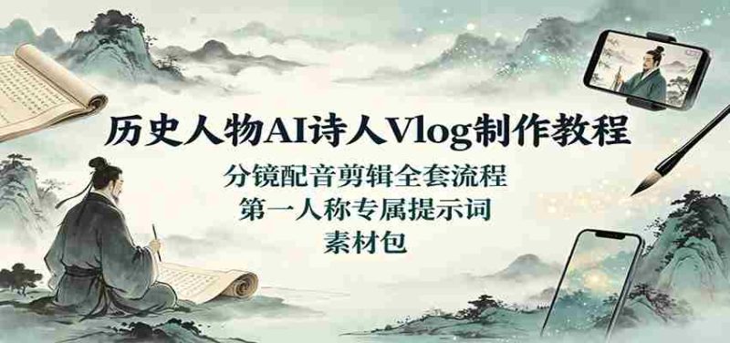历史人物AI诗人Vlog制作教程：分镜配音剪辑全套流程，第一人称专属提示词素材包-一起发