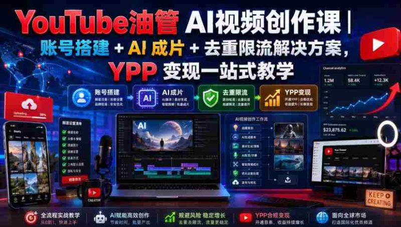YouTube油管AI视频创作课|账号搭建+AI成片+去重限流解决方案,YPP变现一站式教学-一起发