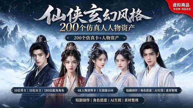 (19301期)200个仙侠玄幻仿真人素材◆10男主×10女主×180配角,4K资料卡+AI生图提示词,漫剧必备-一起发