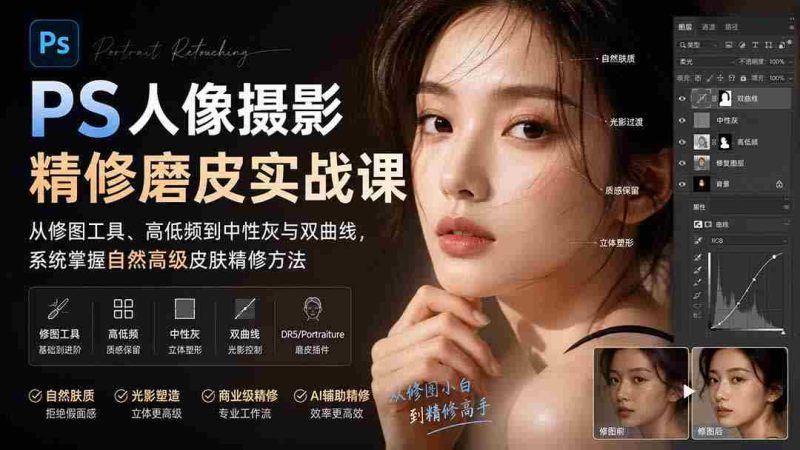 (20061期)PS人像摄影精修磨皮实战课:从修图工具、高低频到中性灰与双曲线,系统掌握自然高级皮肤精修方法-一起发