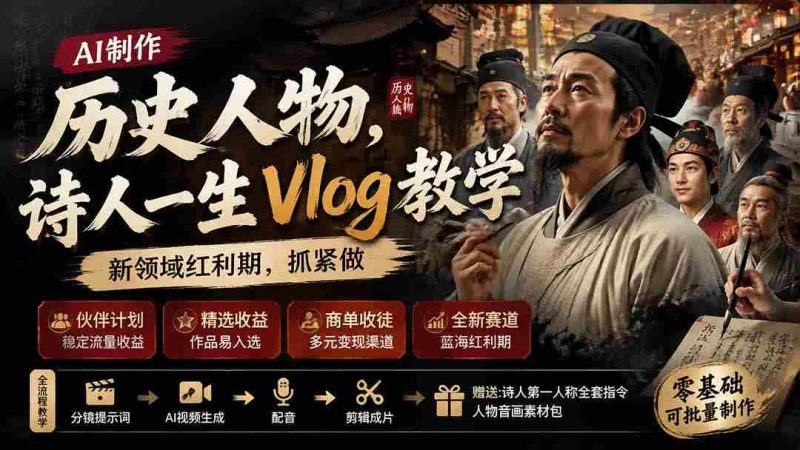 (19758期)历史人物,诗人一生Vlog教学, AI制作丨伙伴计划丨精选收益丨商单收徒 ,新领域红利期,抓紧做-一起发