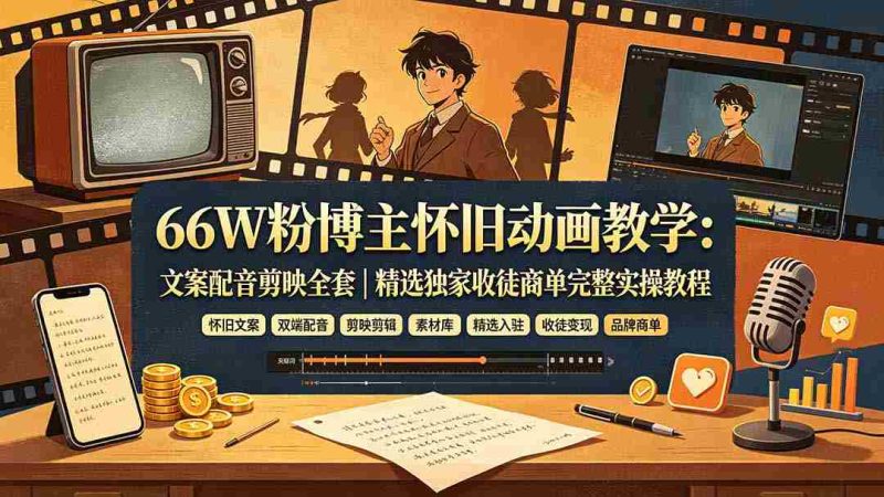(19499期)66W粉博主怀旧动画教学:文案配音剪映全套|精选独家收徒商单完整实操教程-一起发