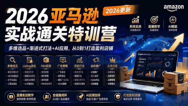 (19768期)2026亚马逊实战通关特训营-2026更新,多维选品+渐进式打法+AI应用,从0到1打造盈利店铺-一起发