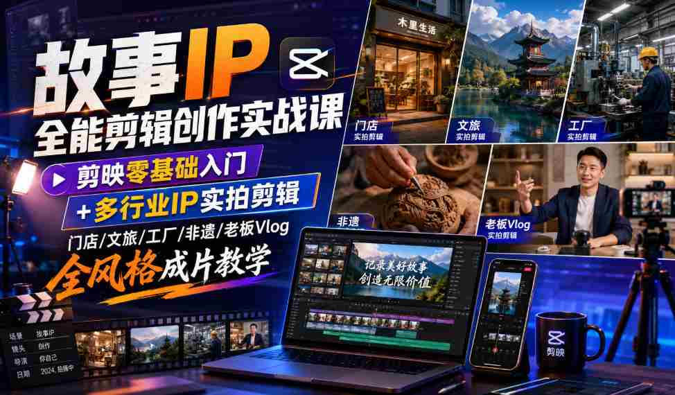 故事IP全能剪辑创作实战课｜剪映零基础入门+多行业IP实拍剪辑，门店/文旅/工厂/非遗/老板Vlog全风格成片教学-一起发