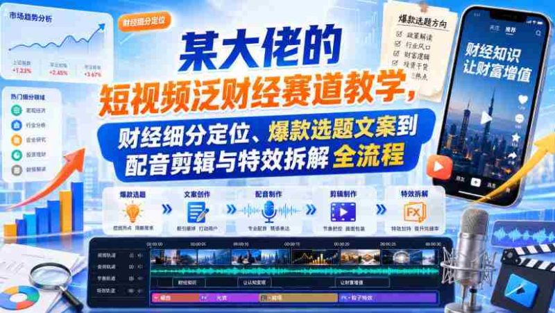某大佬的短视频泛财经赛道教学,财经细分定位、爆款选题文案到配音剪辑与特效拆解全流程-一起发