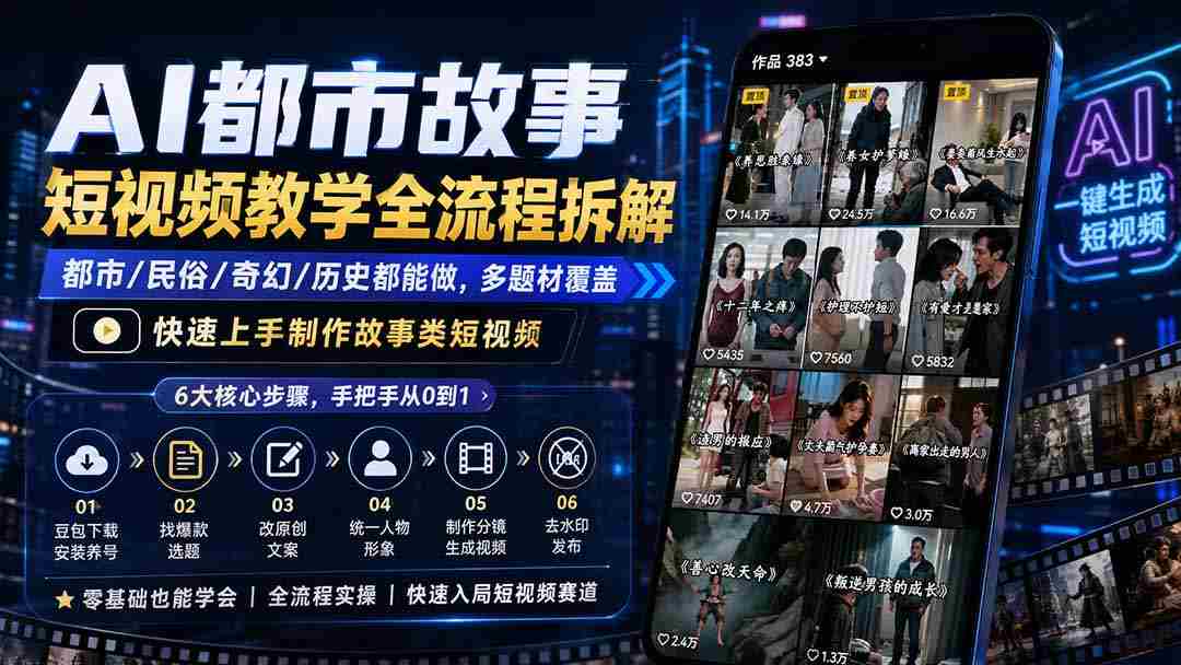 （19858期）AI都市故事短视频教学全流程拆解；都市/民俗/奇幻/历史都能做多题材覆盖，快速上手制作故事类短视频-一起发