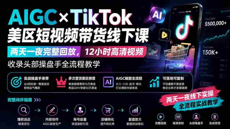 （19778期）AIGC×TikTok美区短视频带货线下课；两天一夜完整回放，12小时高清视频收录头部操盘手全流程教学-一起发