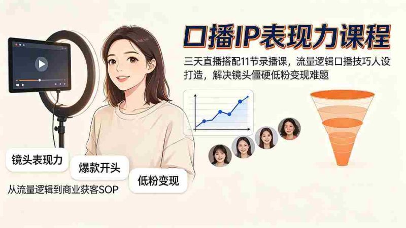 (19604期)口播IP表现力课程|三天直播搭配11节录播课,流量逻辑口播技巧人设打造,解决镜头僵硬低粉变现难题-一起发