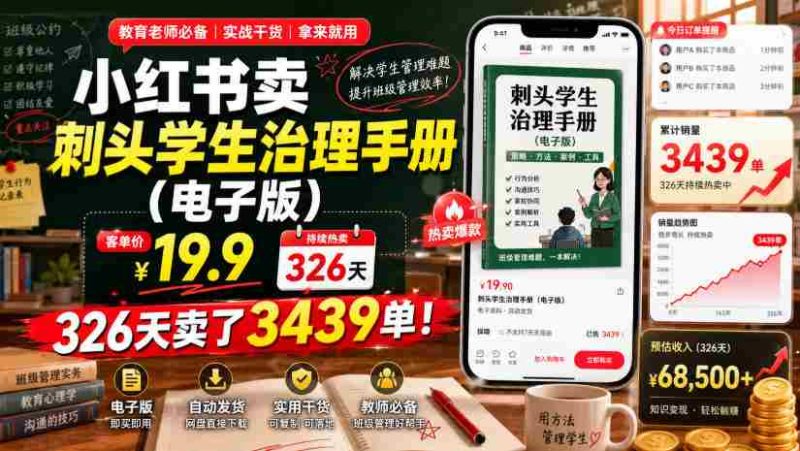 小红书卖刺头学生治理手册（电子版），客单价19.9，326天卖了3439单！-一起发