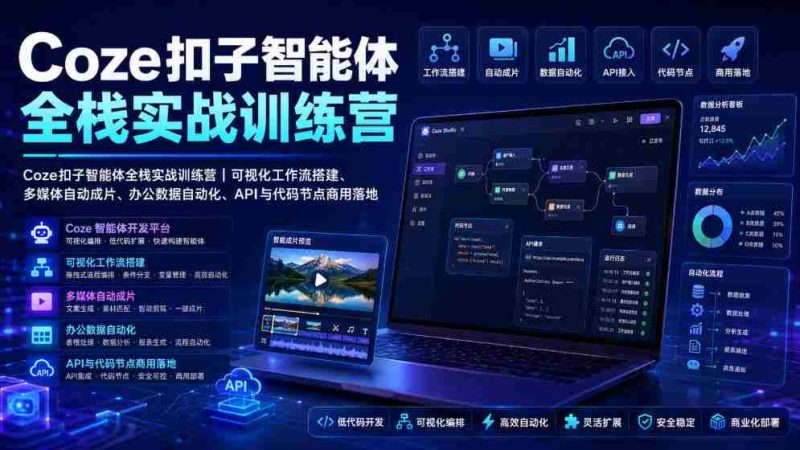Coze扣子智能体全栈实战训练营｜可视化工作流搭建、多媒体自动成片、办公数据自动化、API与代码节点商用落地-一起发