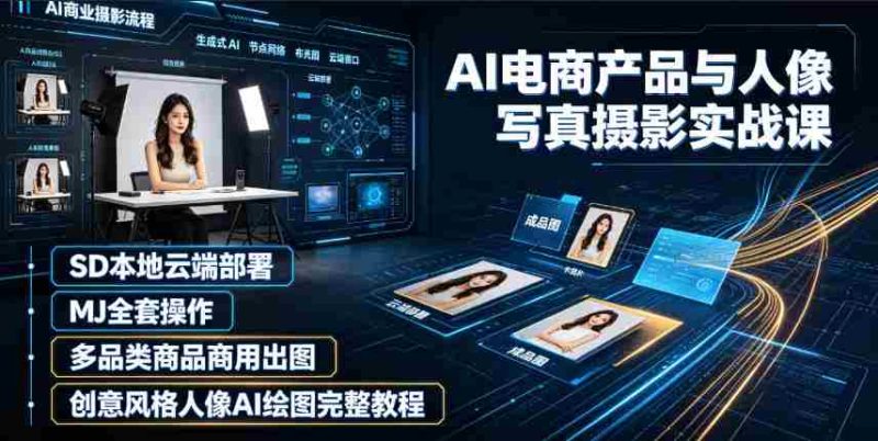 AI电商产品与人像写真摄影实战课|SD本地云端部署、MJ全套操作、多品类商品商用出图、创意风格人像AI绘图完整教程-一起发