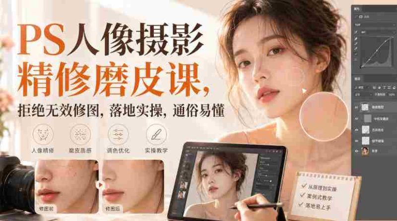 PS人像摄影精修磨皮课,拒绝无效修图,落地实操,通俗易懂-一起发